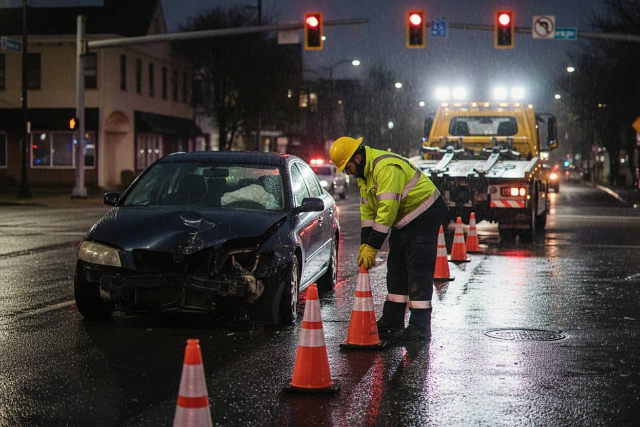 Tow truck arriving accident scene