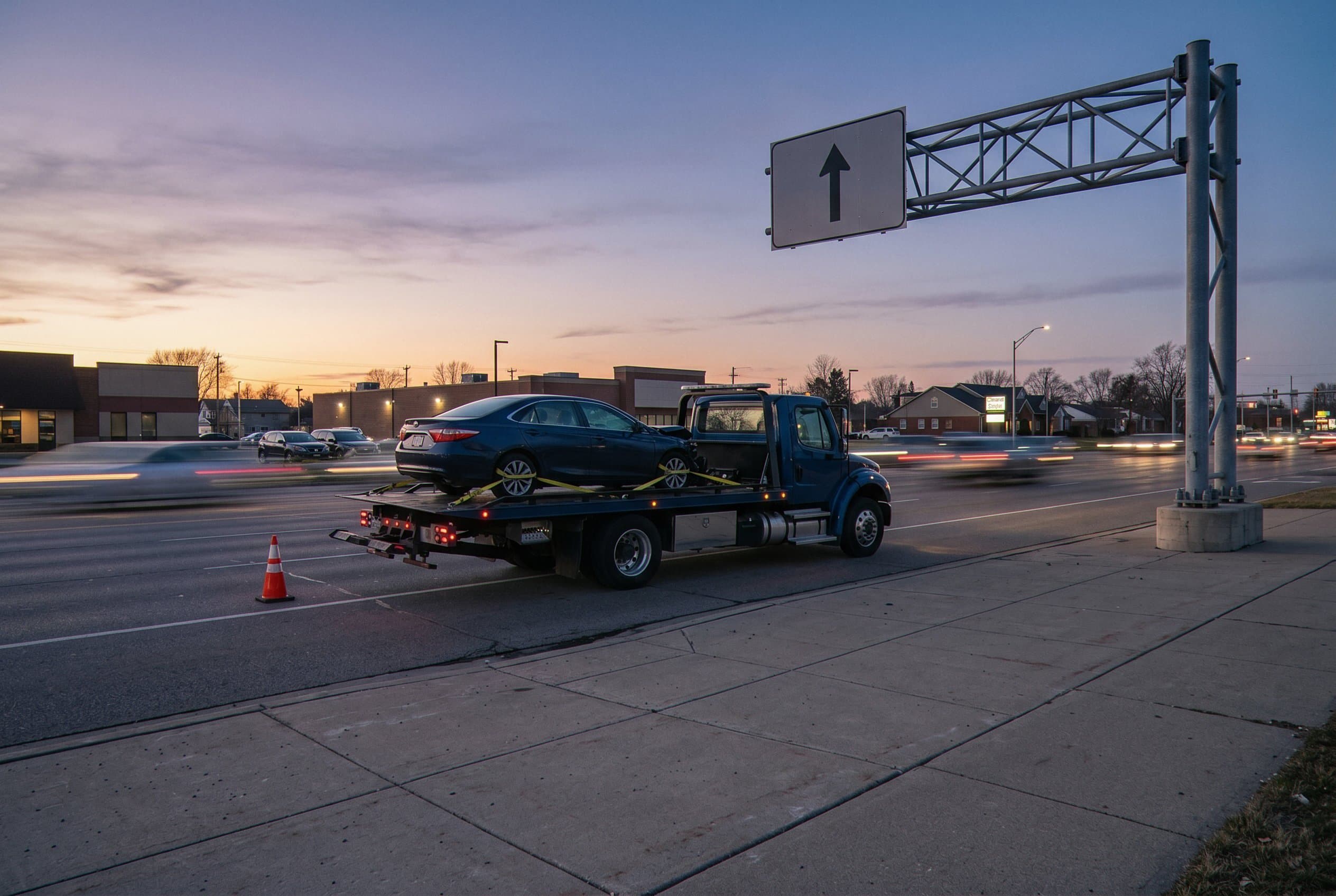 Wreck scene flatbed truck removal