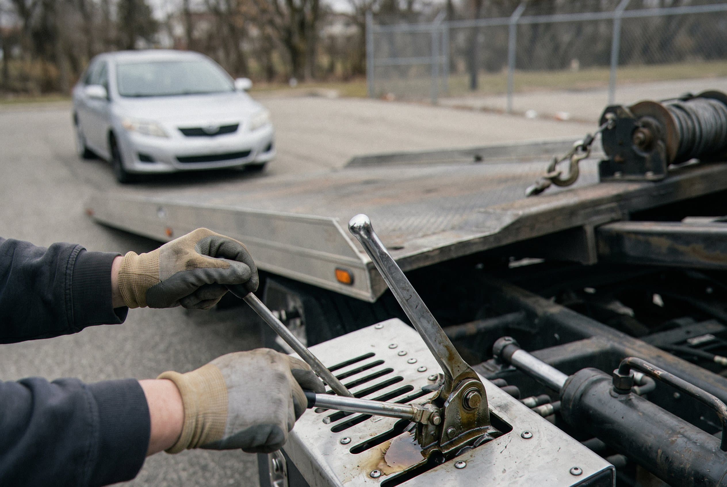Winch cable pulling vehicle flatbed
