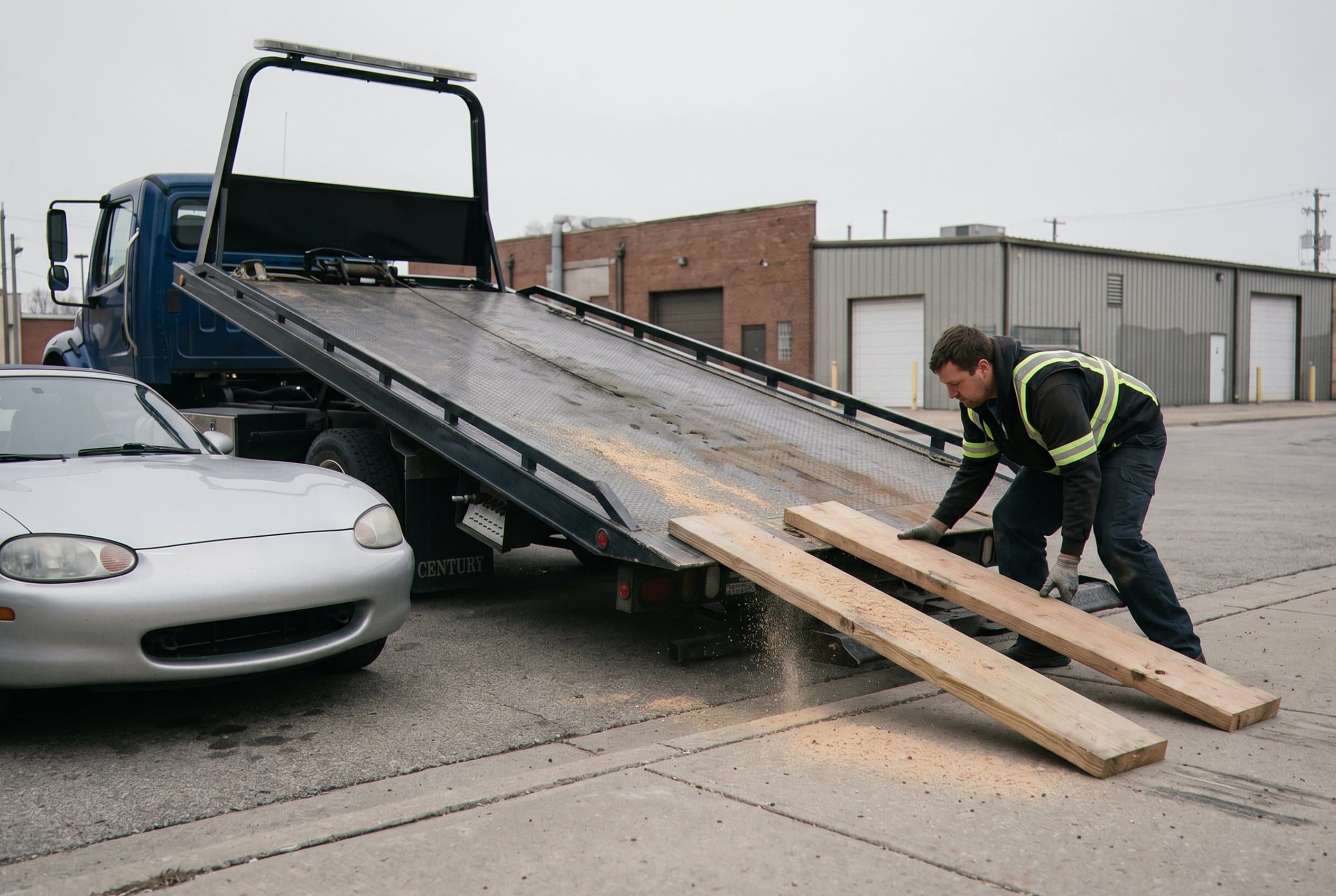 Flatbed truck arriving vehicle scene