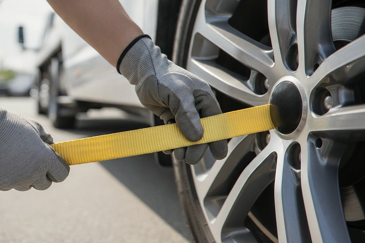 Flatbed straps securing vehicle wheels