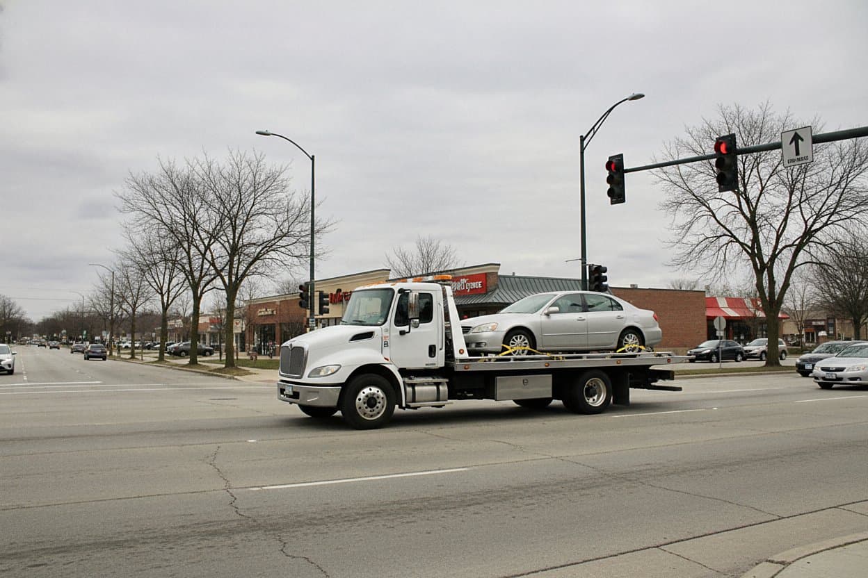 Flatbed tow truck urban street