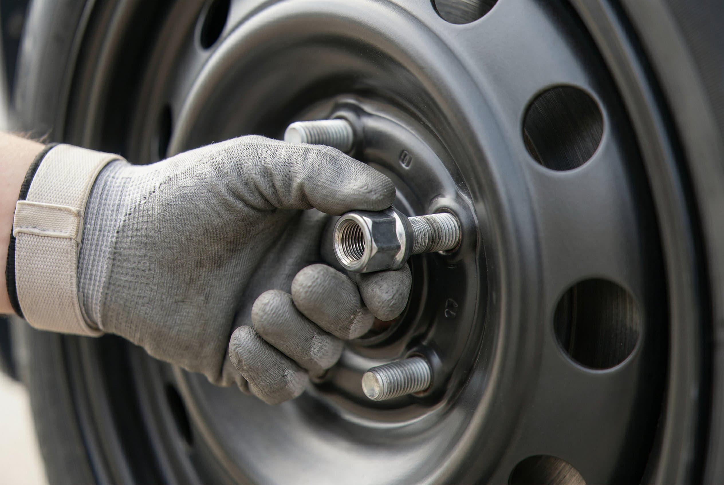 Technician changing flat tire roadside