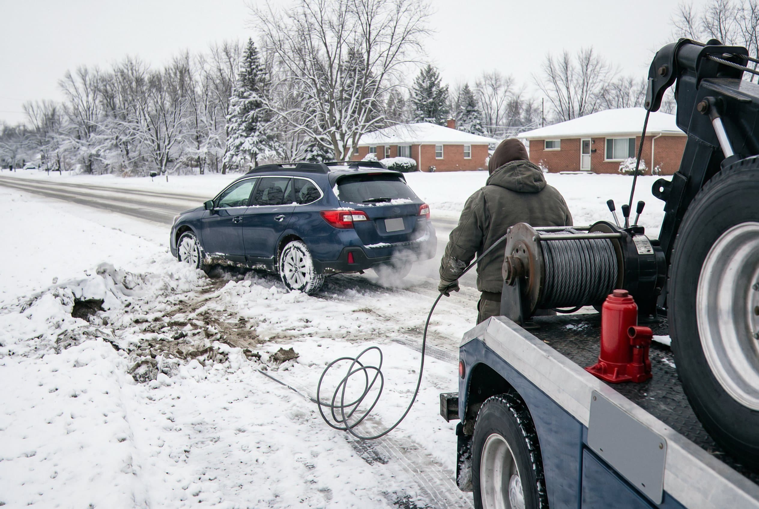 Wrecker winching vehicle stuck